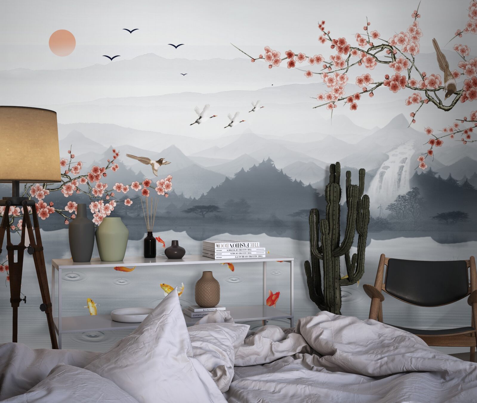 Papier peint sakura fleurissant au pied des montagnes et près de l'eau