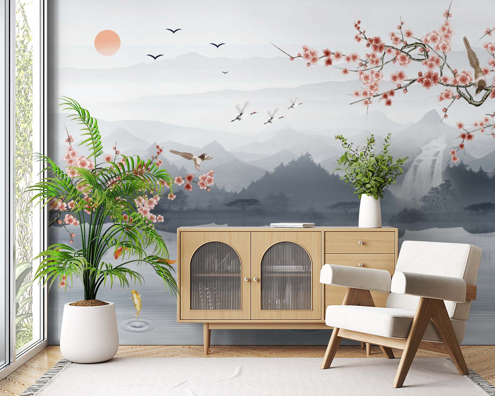 Papier peint sakura fleurissant au pied des montagnes et près de l'eau