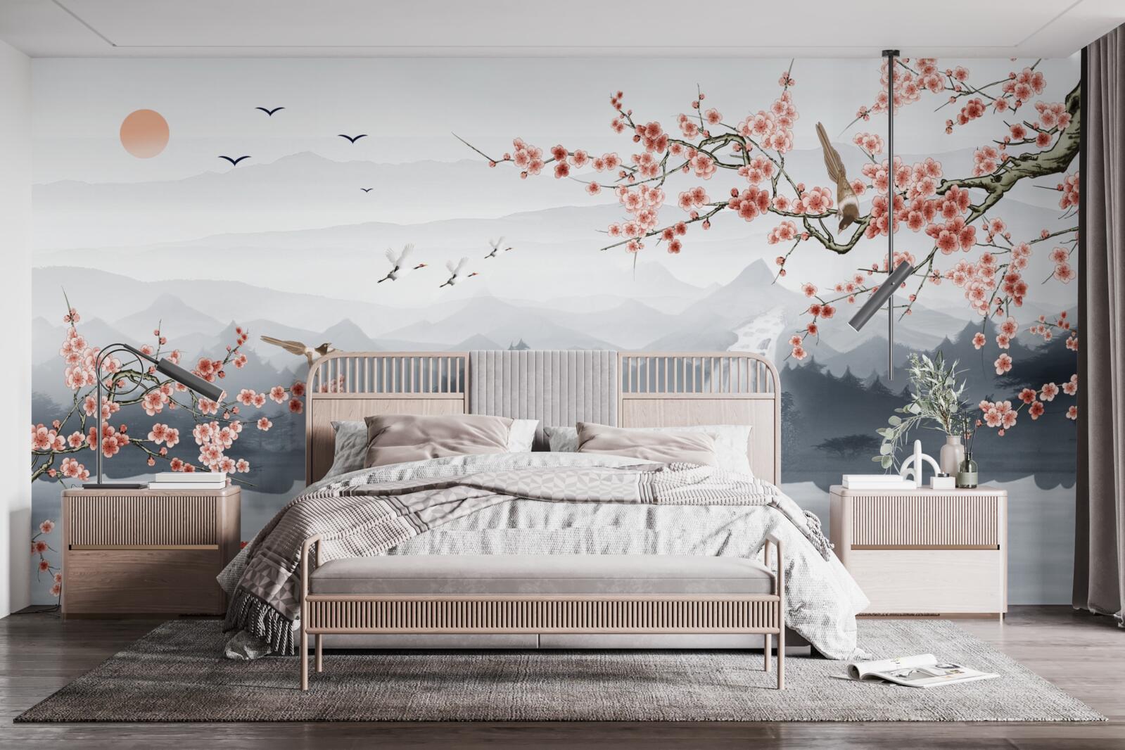 Papier peint sakura fleurissant au pied des montagnes et près de l'eau