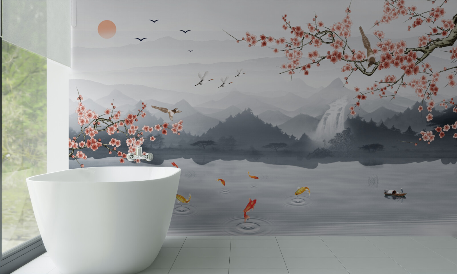 Papier peint sakura fleurissant au pied des montagnes et près de l'eau