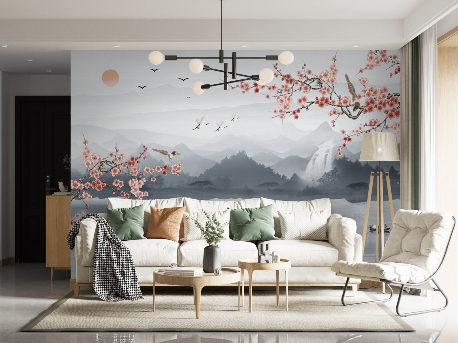 Papier peint sakura fleurissant au pied des montagnes et près de l'eau