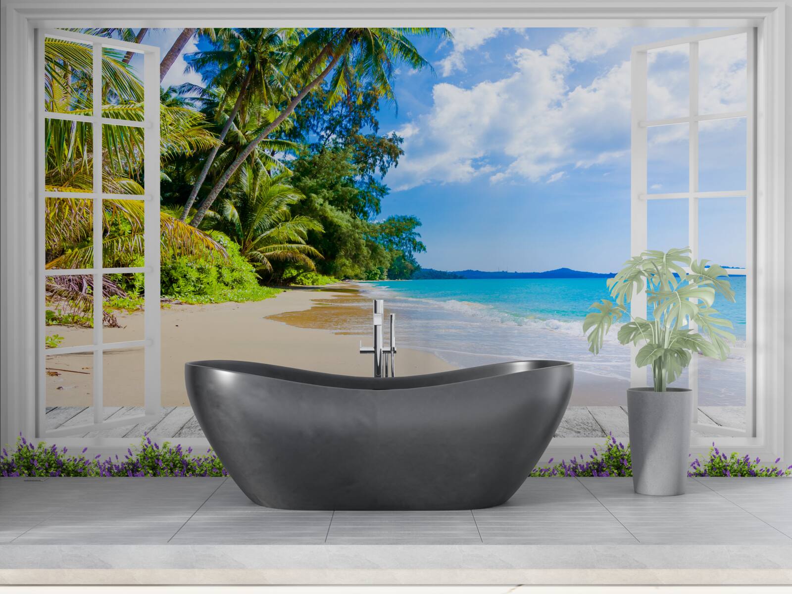 Papier peint une vue panoramique de la plage depuis la fenêtre