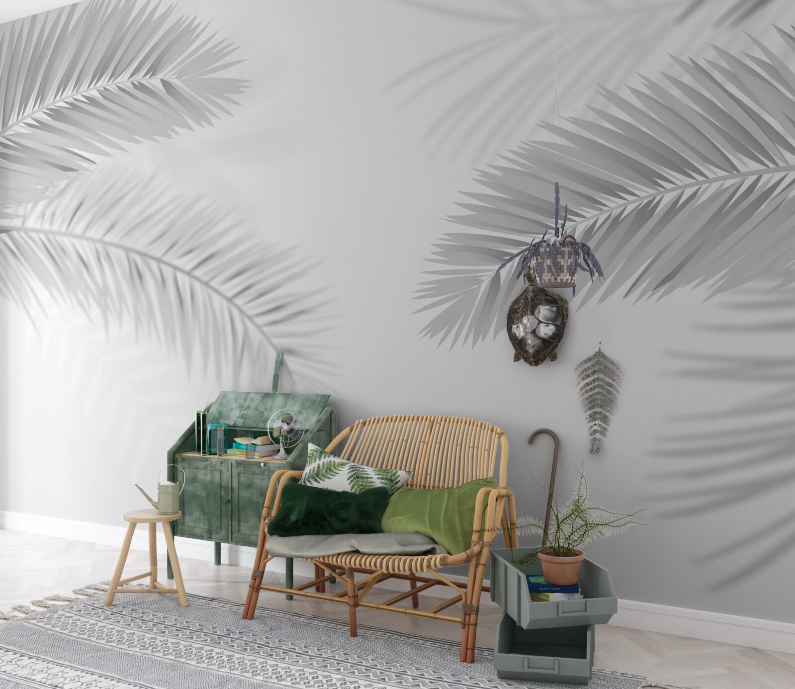 Papier peint feuilles de fougère en noir et blanc