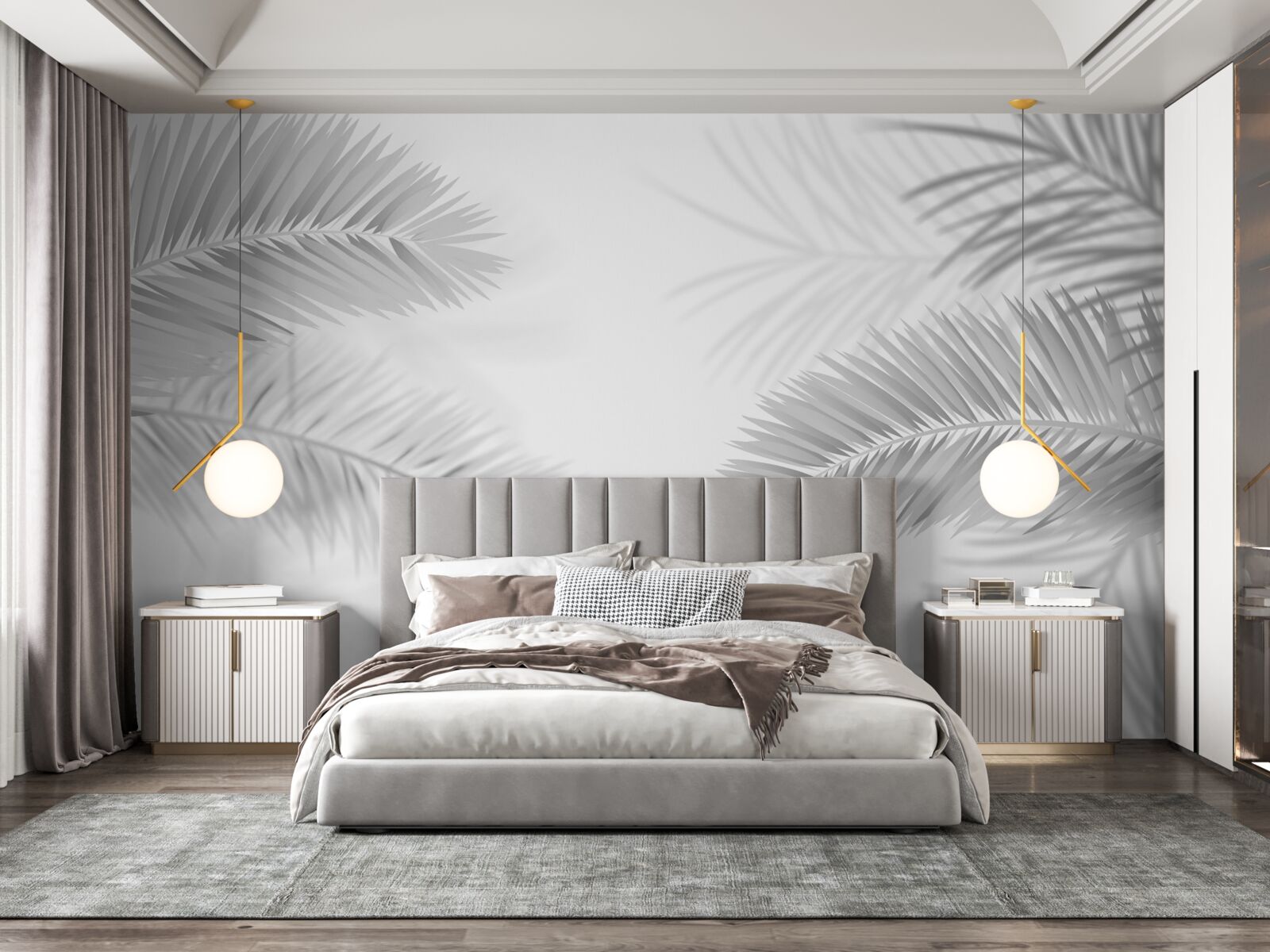 Papier peint feuilles de fougère en noir et blanc