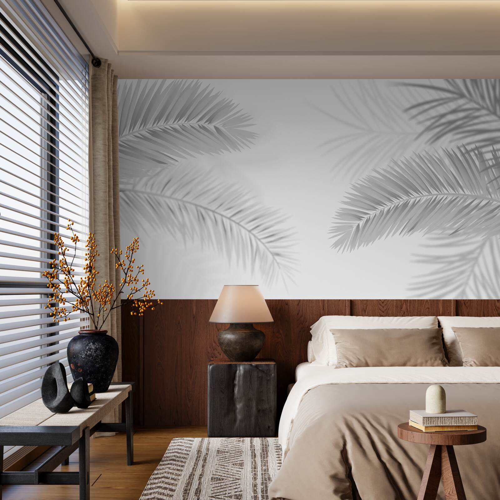 Papier peint feuilles de fougère en noir et blanc