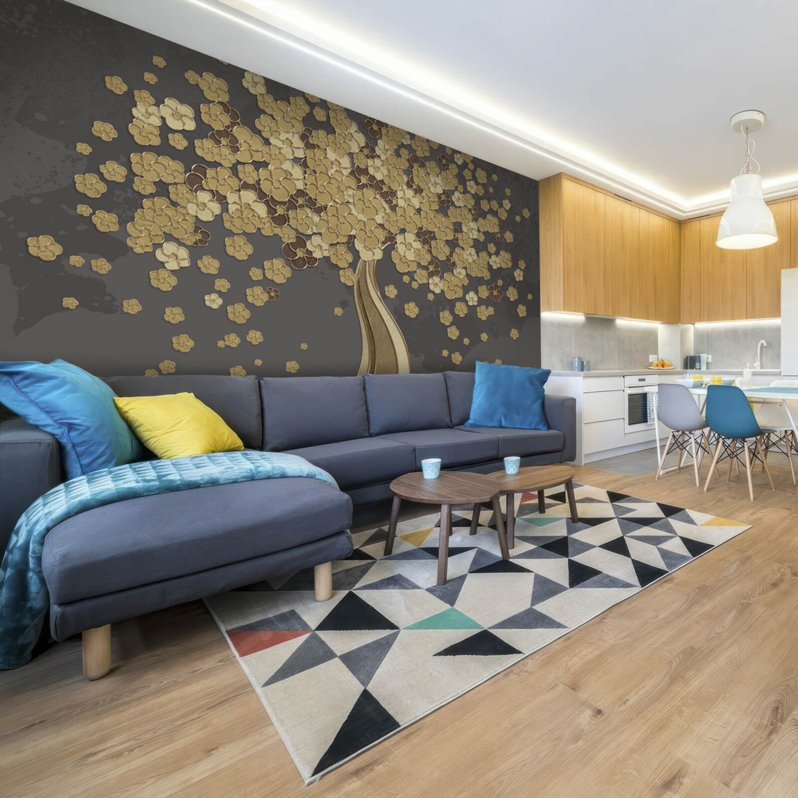 Papier peint arbre de nuit fleurissant d'or