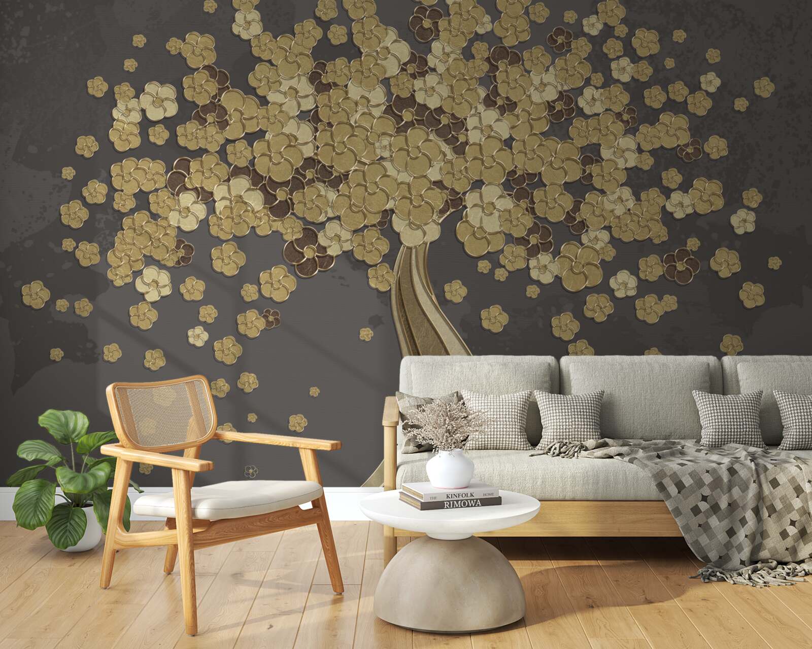 Papier peint arbre de nuit fleurissant d'or