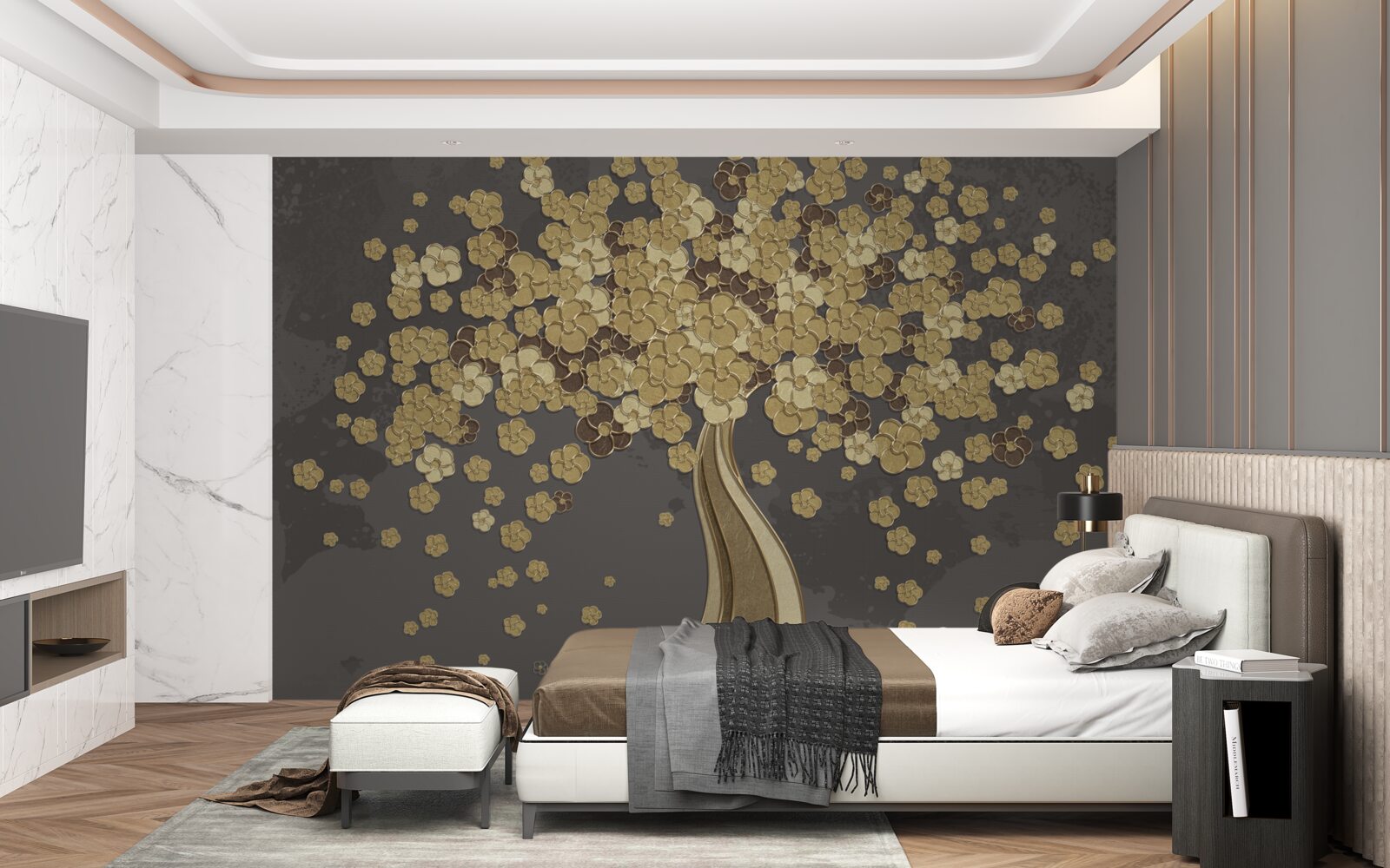 Papier peint arbre de nuit fleurissant d'or