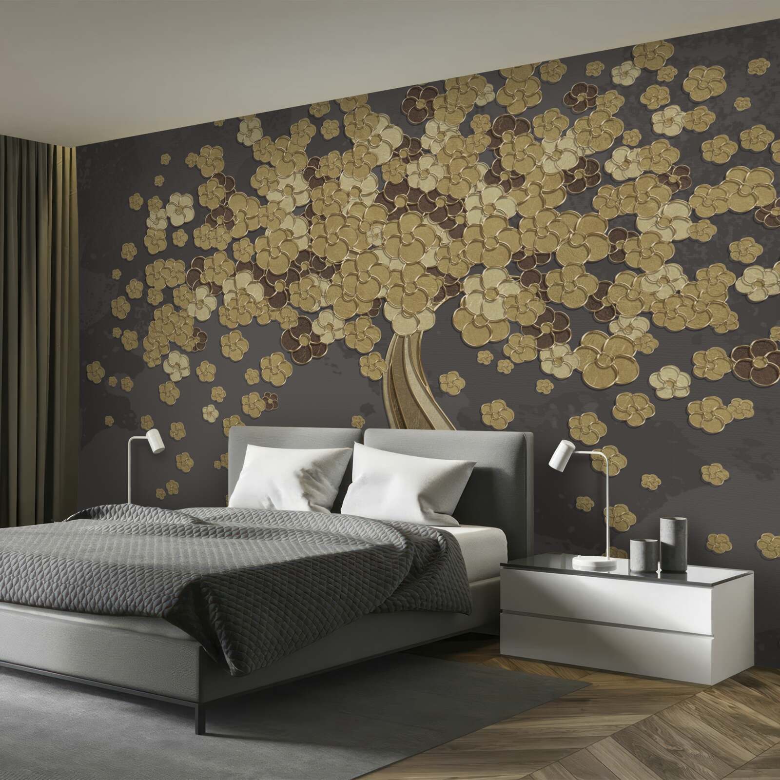 Papier peint arbre de nuit fleurissant d'or