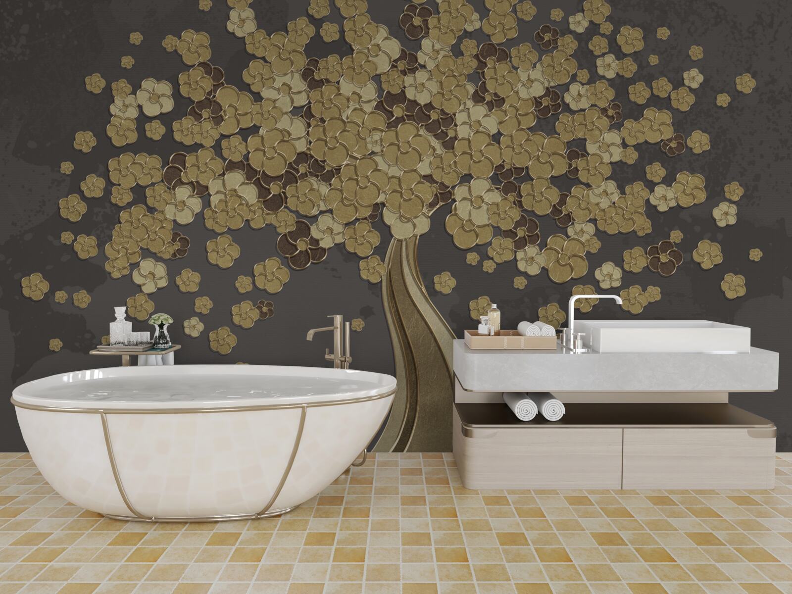 Papier peint arbre de nuit fleurissant d'or