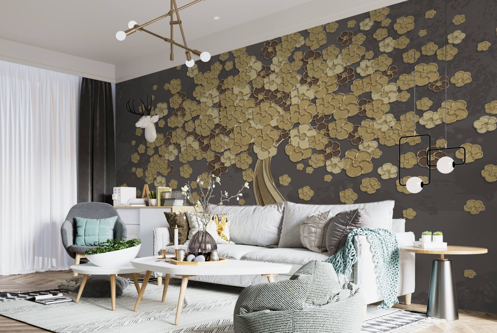 Papier peint arbre de nuit fleurissant d'or