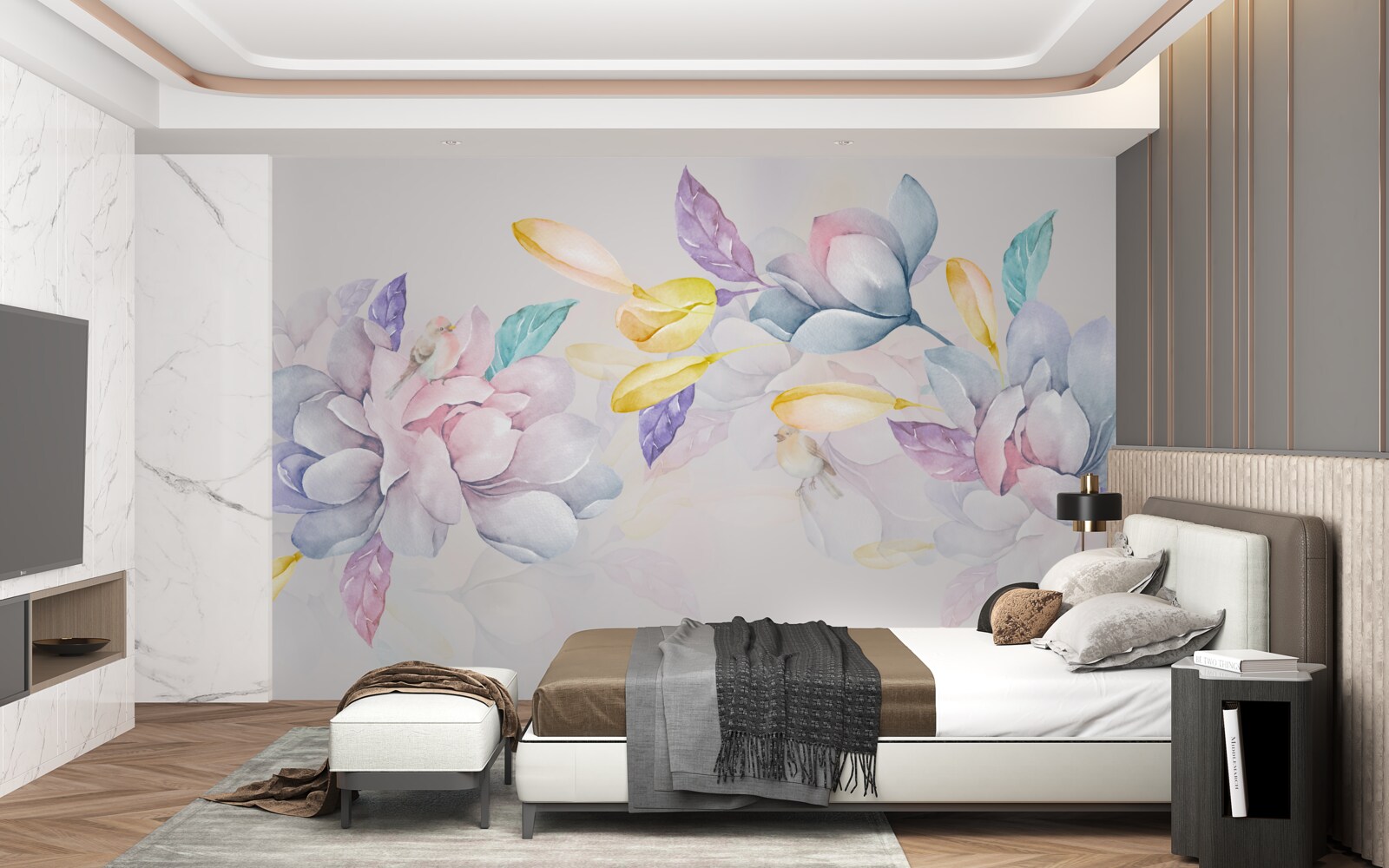 Papier peint branche avec des fleurs rouge vif