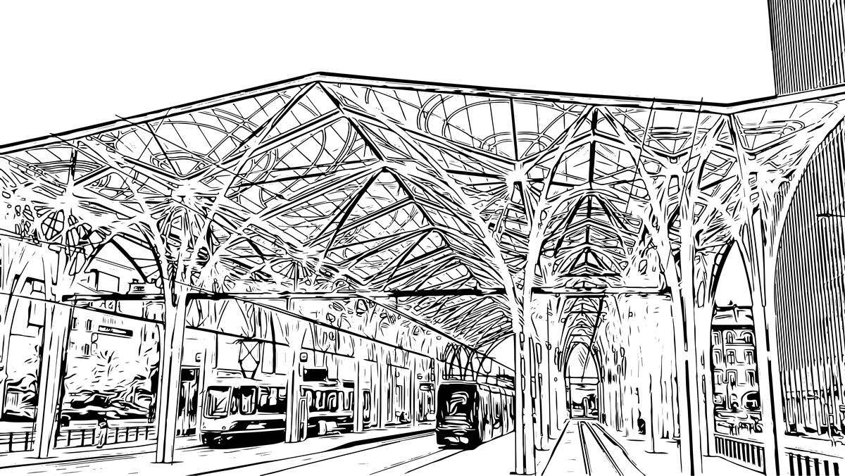 Papier peint gare et trains montrés sur la photo