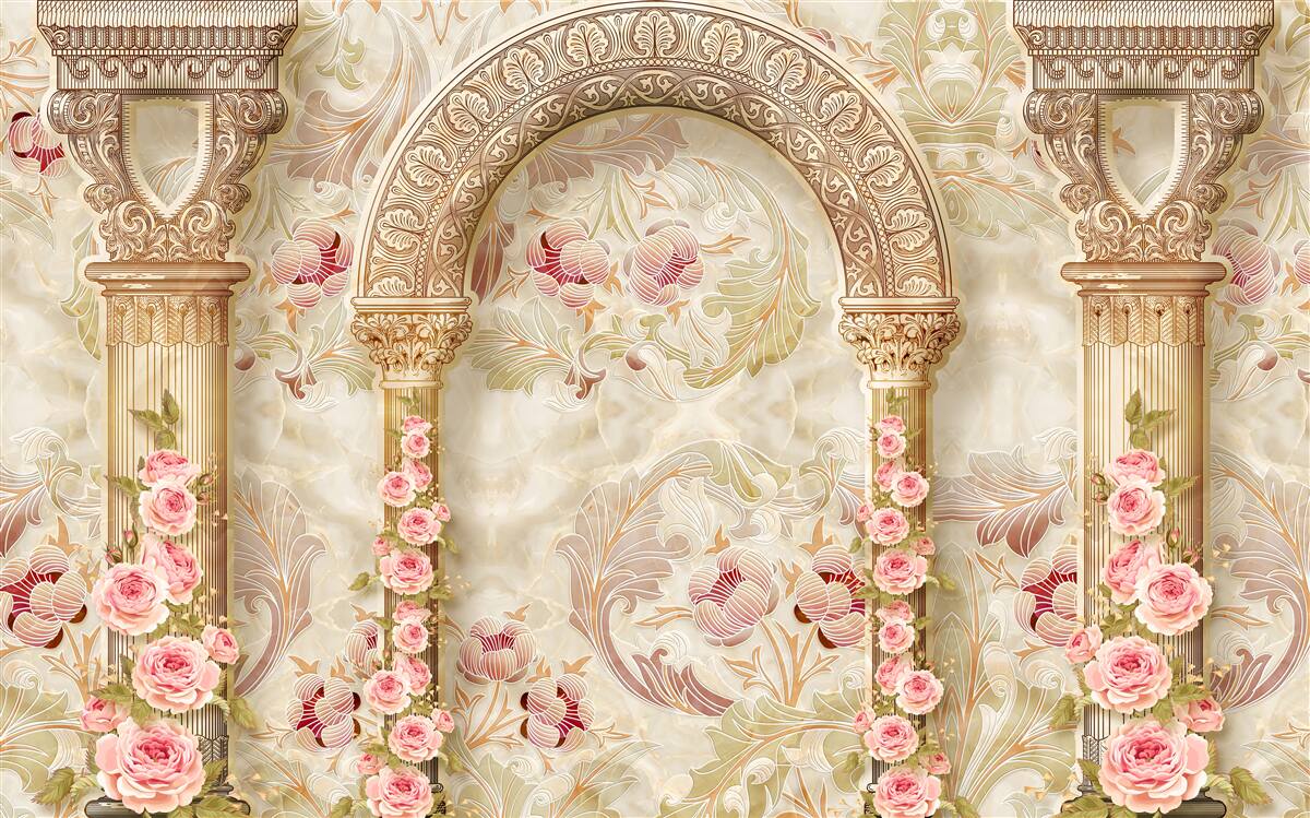 Papier peint arches traditionnelles décorées de fleurs de roses