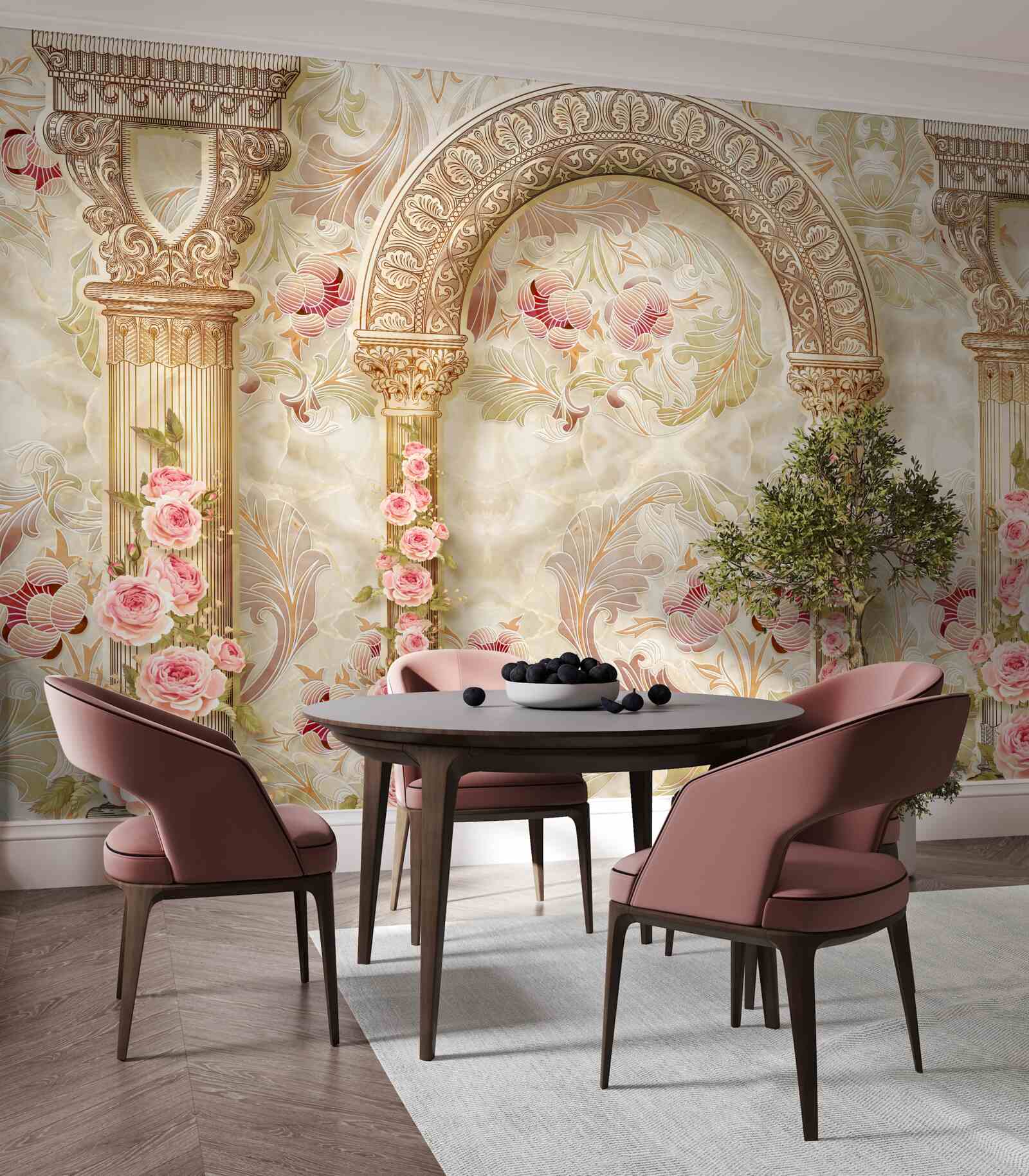 Papier peint arches traditionnelles décorées de fleurs de roses