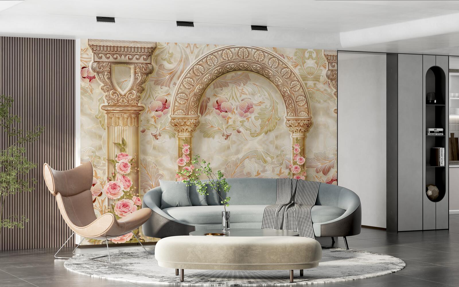 Papier peint arches traditionnelles décorées de fleurs de roses