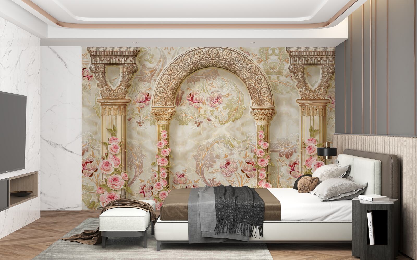 Papier peint arches traditionnelles décorées de fleurs de roses