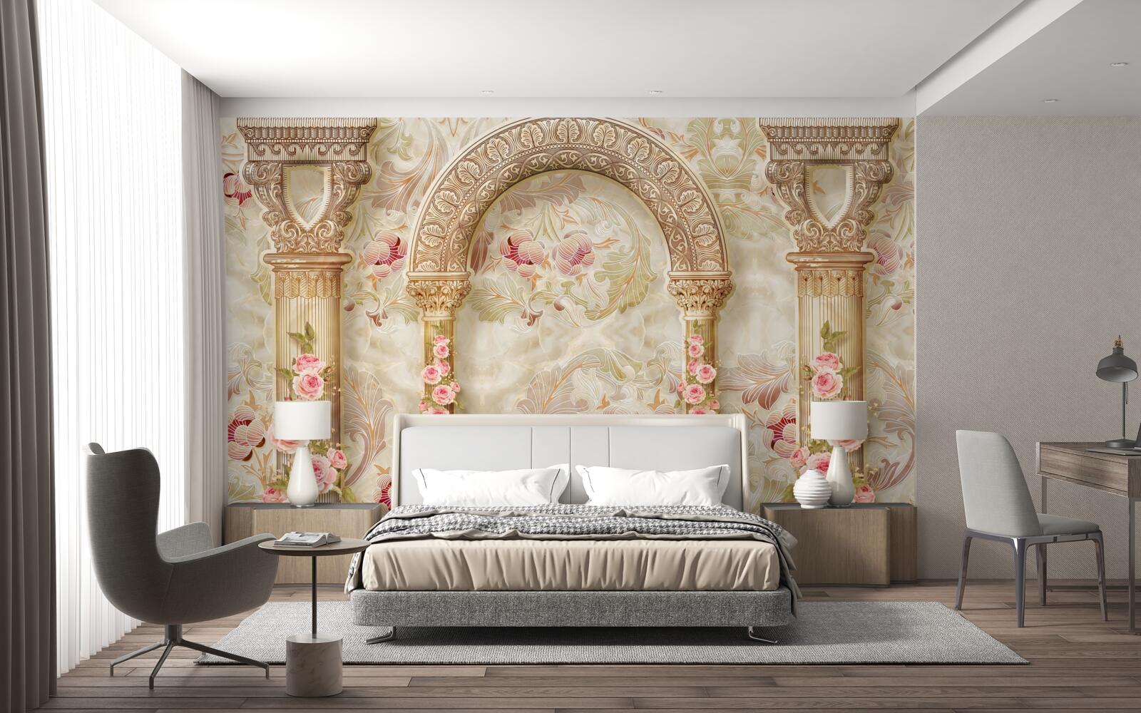 Papier peint arches traditionnelles décorées de fleurs de roses