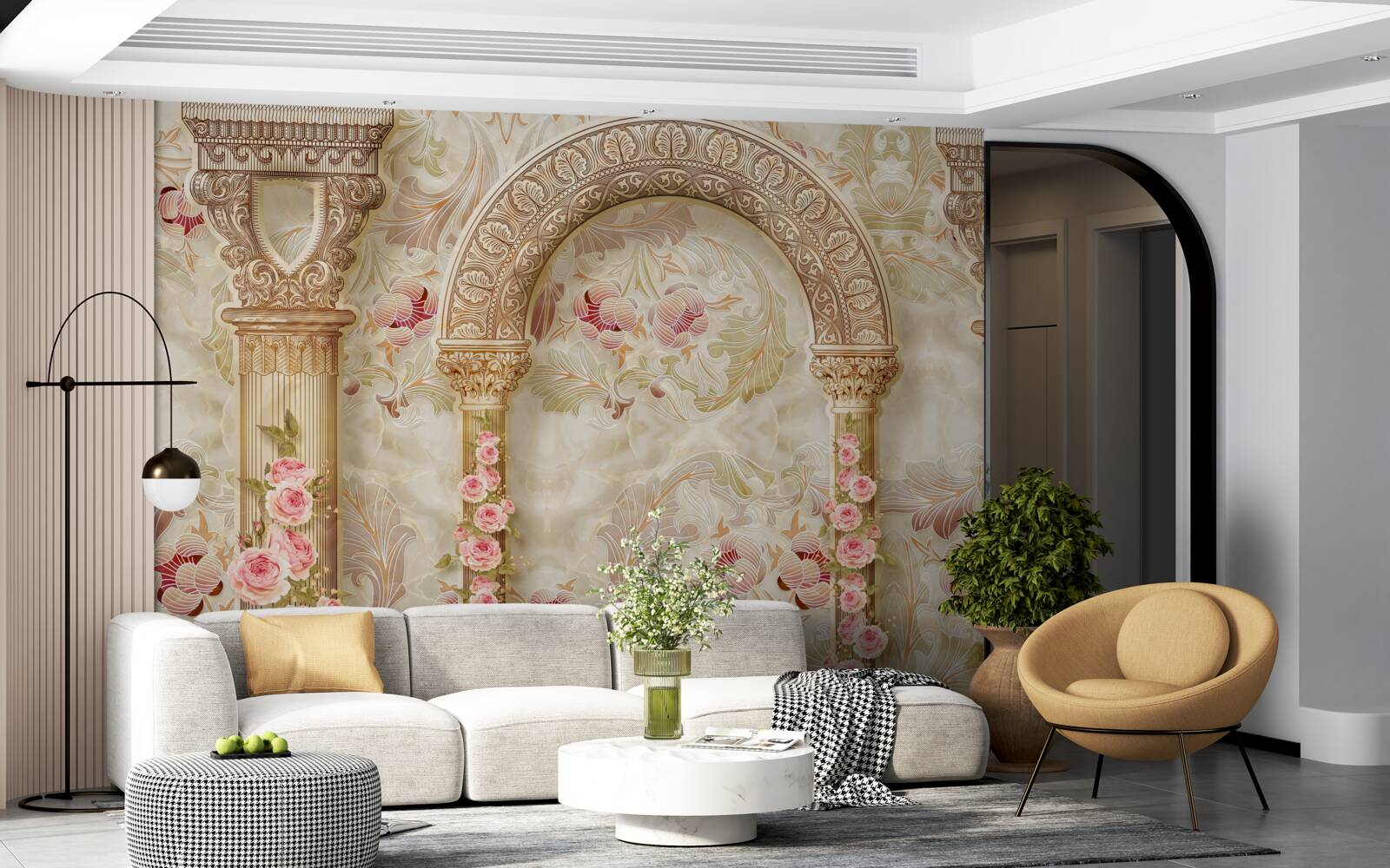 Papier peint arches traditionnelles décorées de fleurs de roses