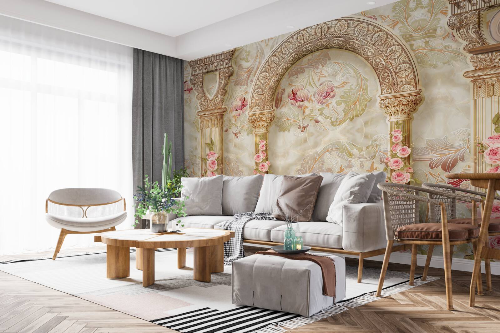 Papier peint arches traditionnelles décorées de fleurs de roses