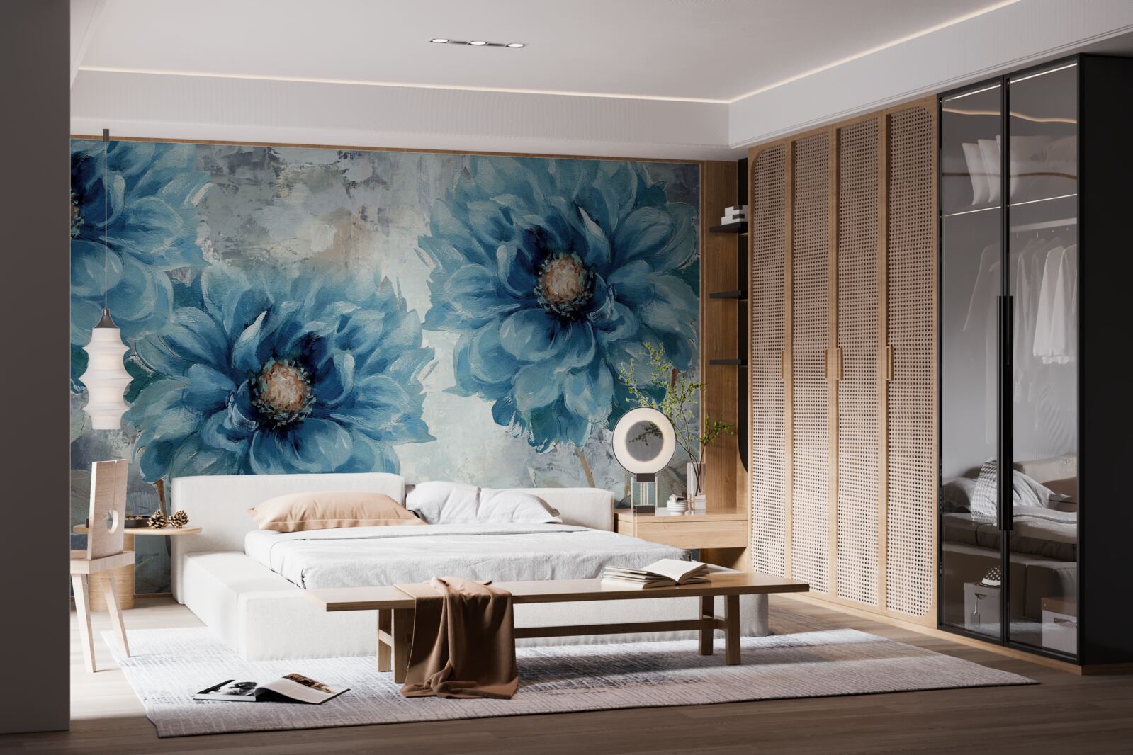 Papier peint oiseaux et fleurs bleues sous la pluie battante de l'été