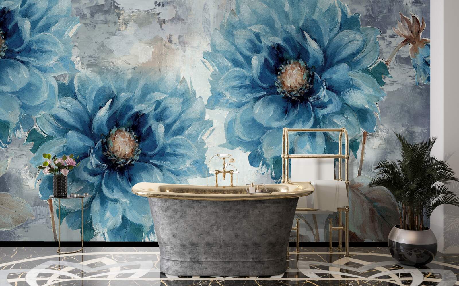 Papier peint oiseaux et fleurs bleues sous la pluie battante de l'été