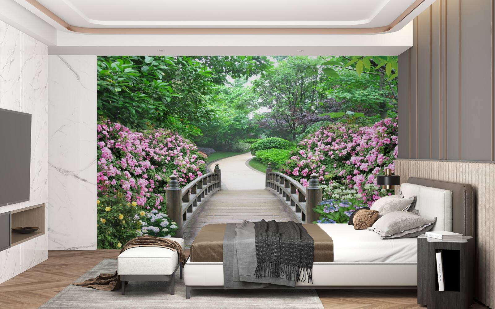 Papier peint un pittoresque pont en bois traversant une forêt d'arbres en fleurs