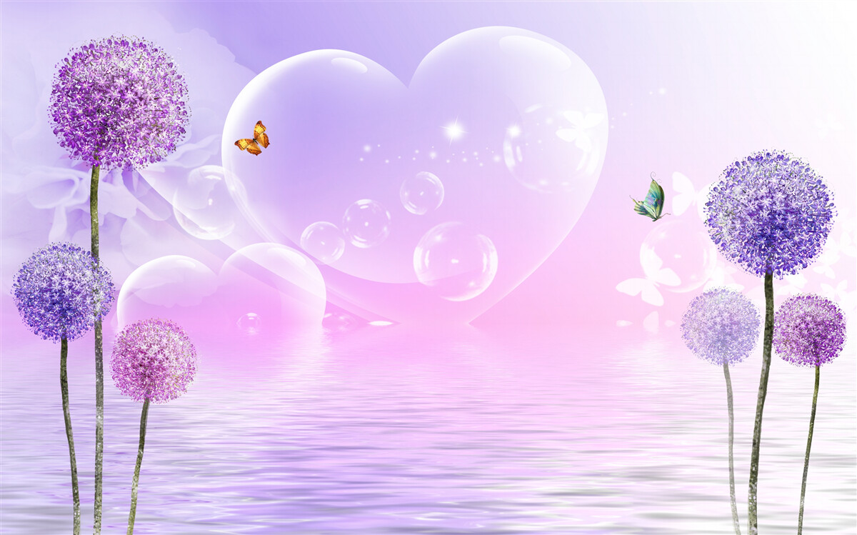 Papier peint fleurs violettes sur fond d'eau et de cœurs