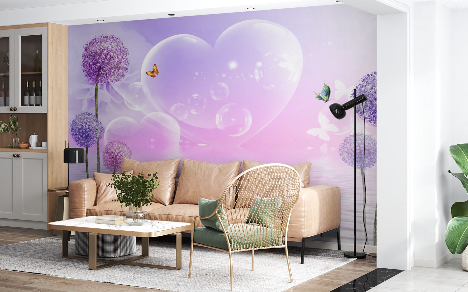 Papier peint fleurs violettes sur fond d'eau et de cœurs