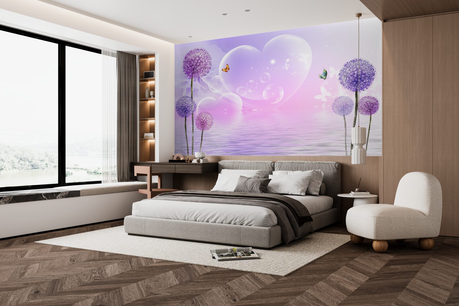 Papier peint fleurs violettes sur fond d'eau et de cœurs