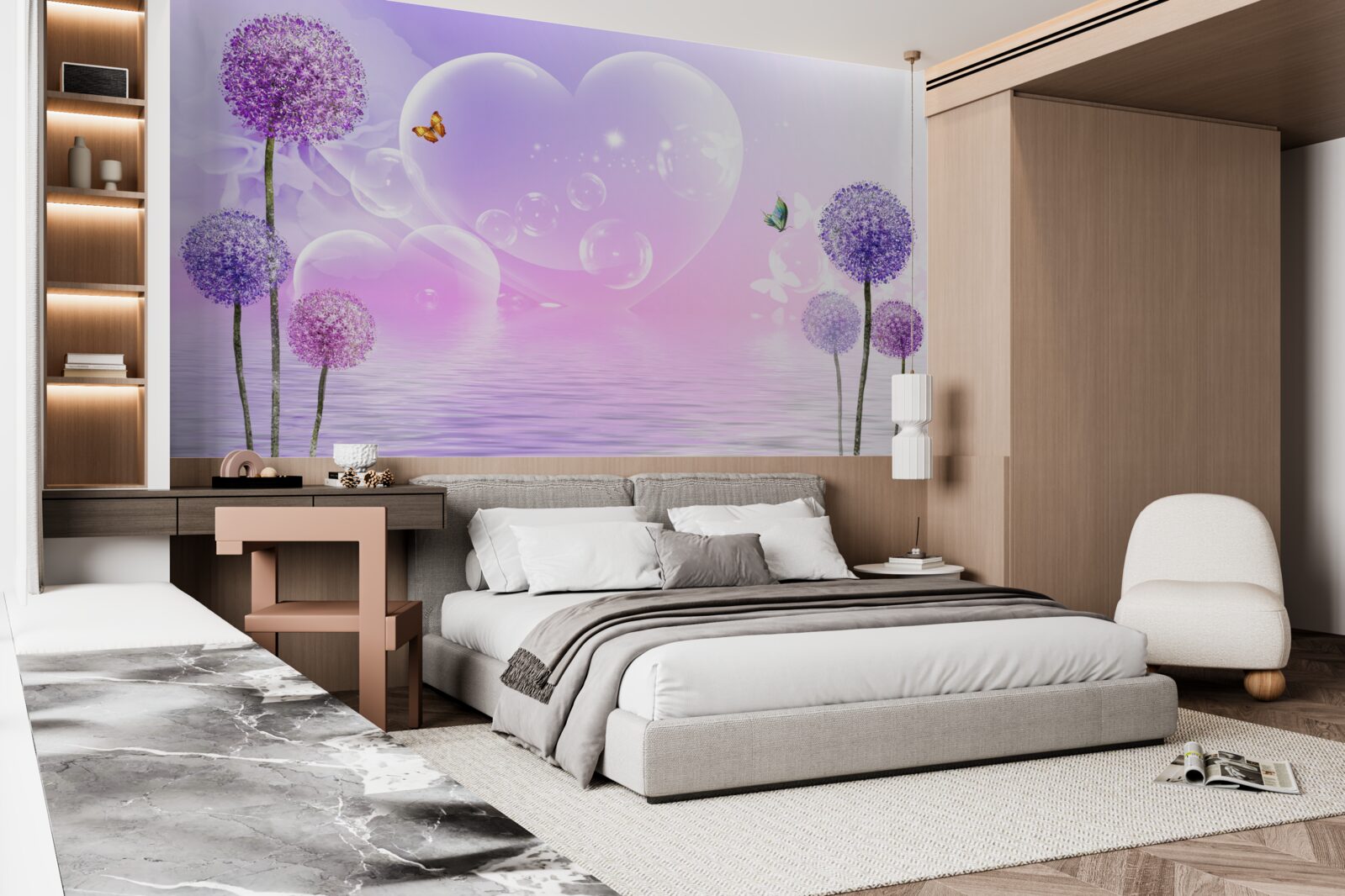 Papier peint fleurs violettes sur fond d'eau et de cœurs