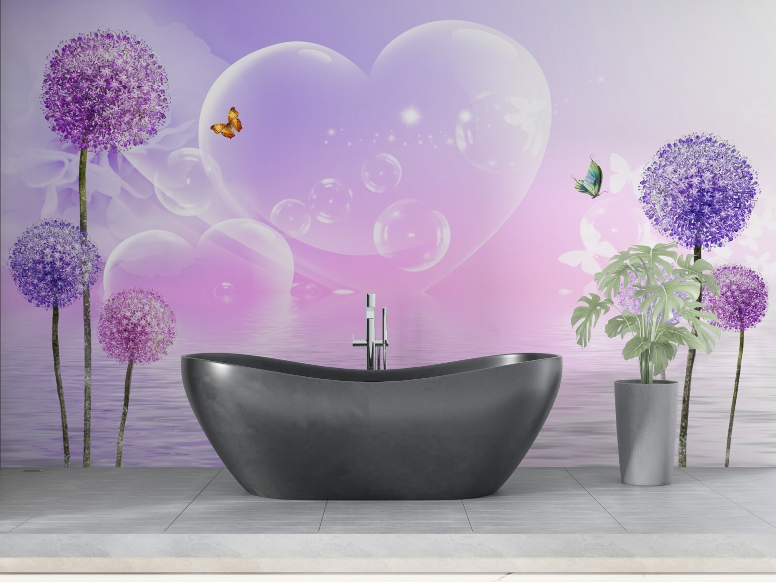 Papier peint fleurs violettes sur fond d'eau et de cœurs