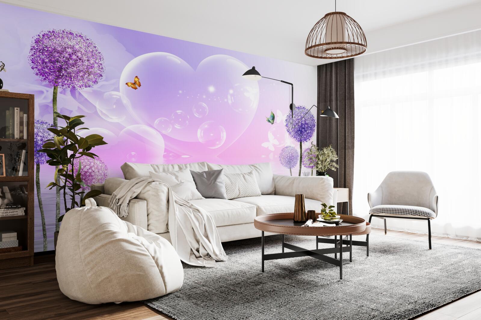 Papier peint fleurs violettes sur fond d'eau et de cœurs