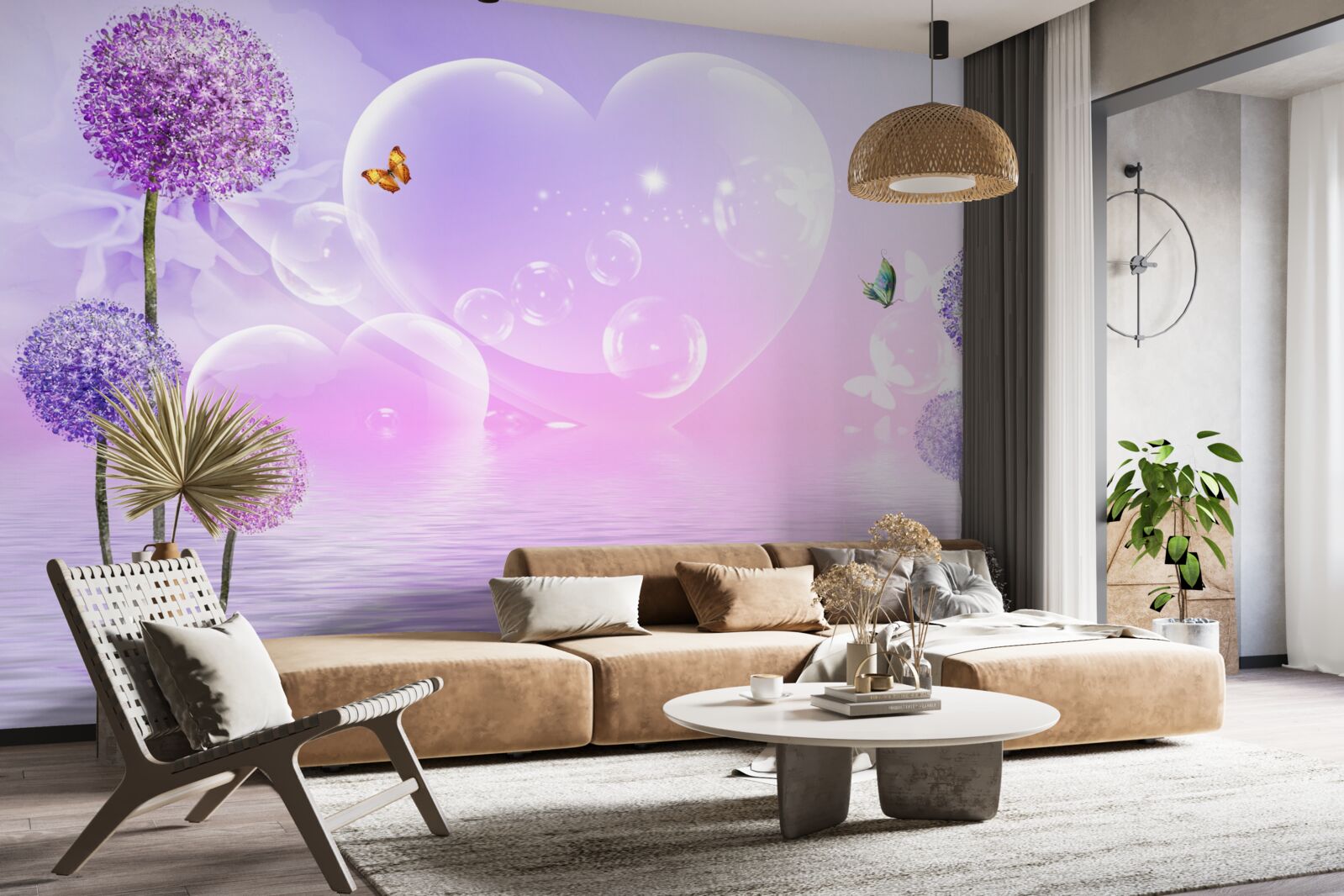 Papier peint fleurs violettes sur fond d'eau et de cœurs