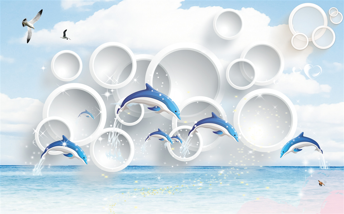Papier peint anneaux abstraits et dauphins sautant à la surface de l'eau
