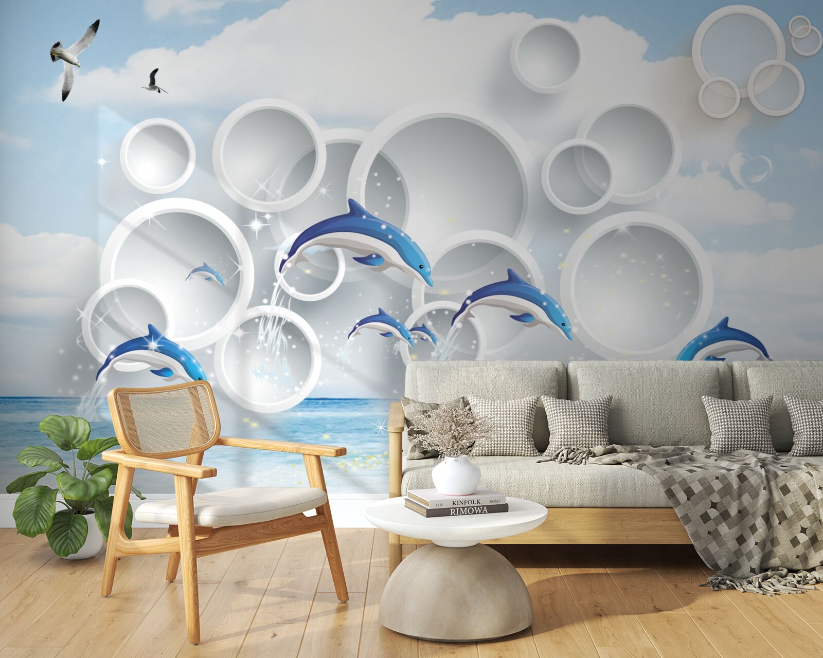 Papier peint anneaux abstraits et dauphins sautant à la surface de l'eau