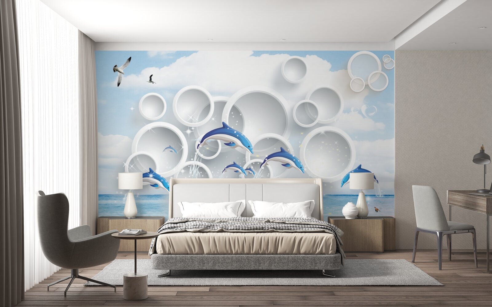 Papier peint anneaux abstraits et dauphins sautant à la surface de l'eau