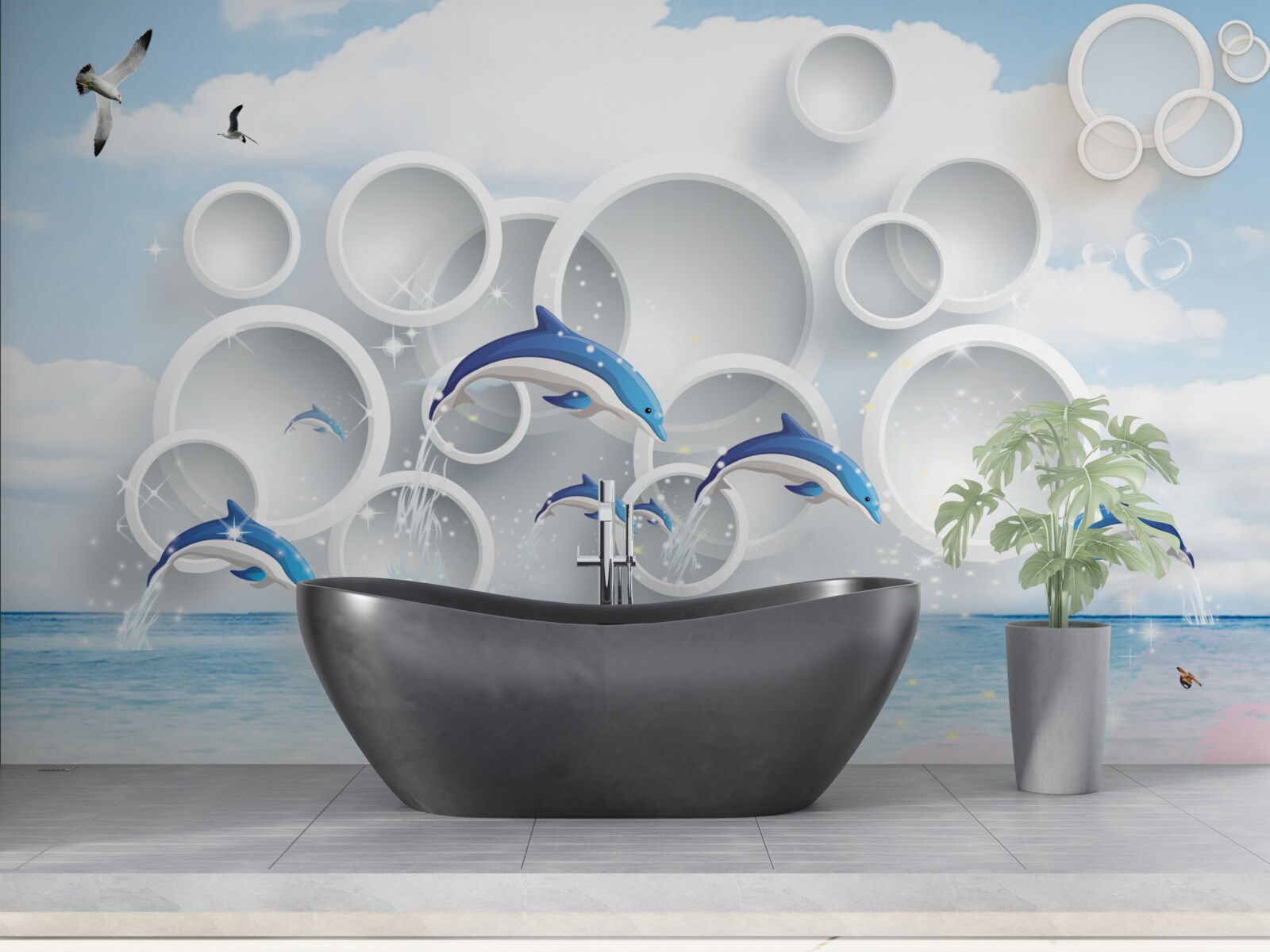 Papier peint anneaux abstraits et dauphins sautant à la surface de l'eau