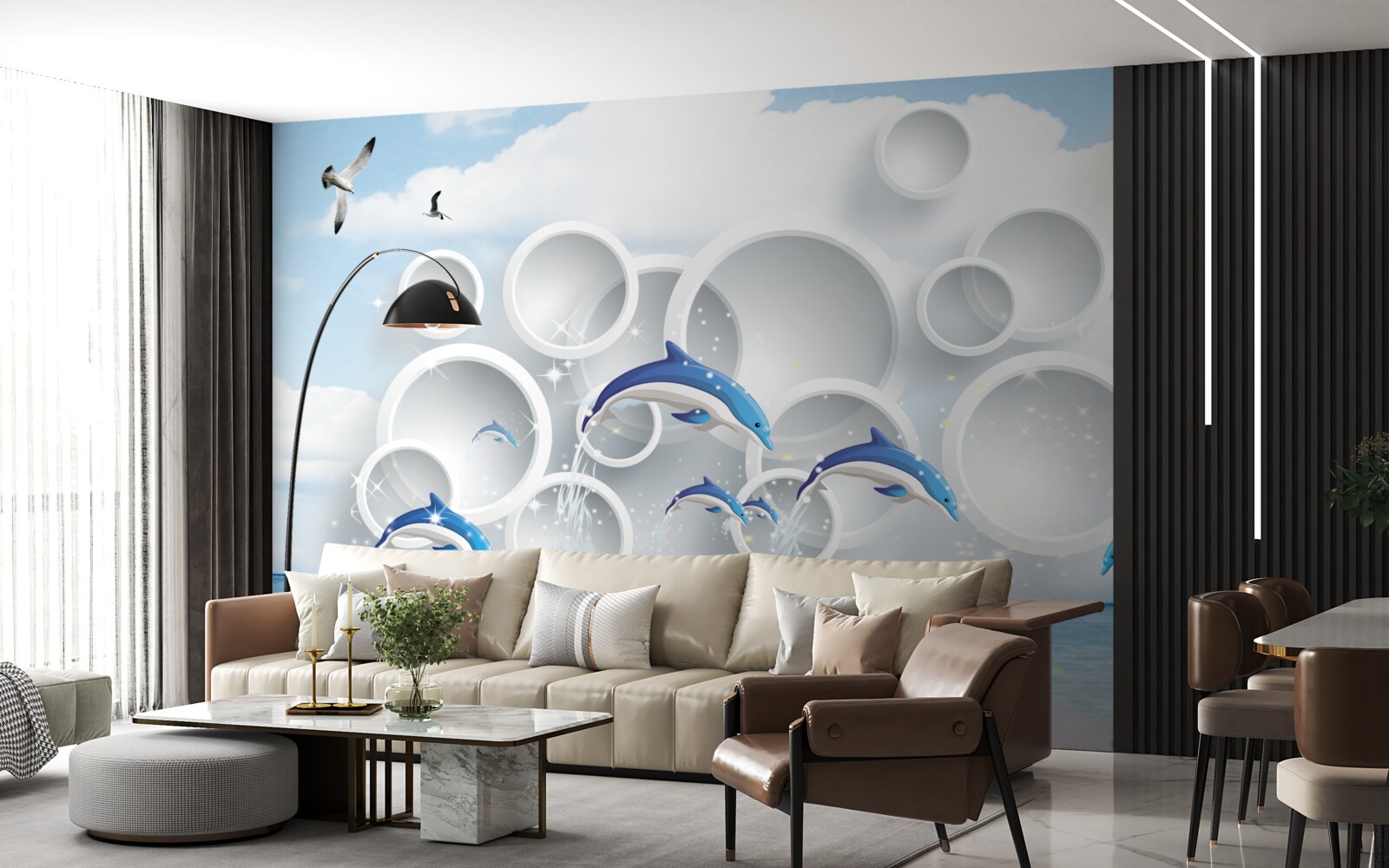 Papier peint anneaux abstraits et dauphins sautant à la surface de l'eau
