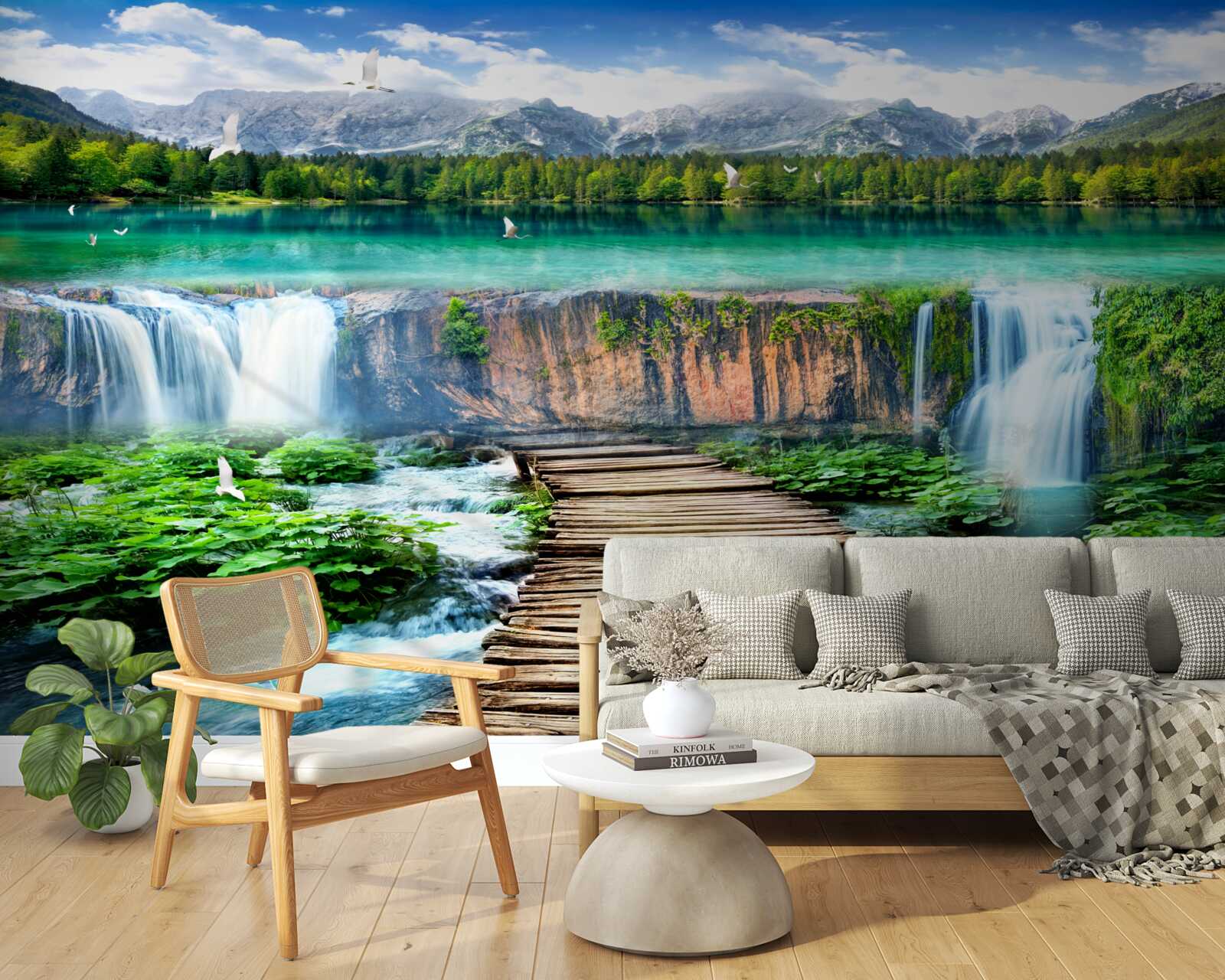 Papier peint pont en bois menant à la base de la chute d'eau