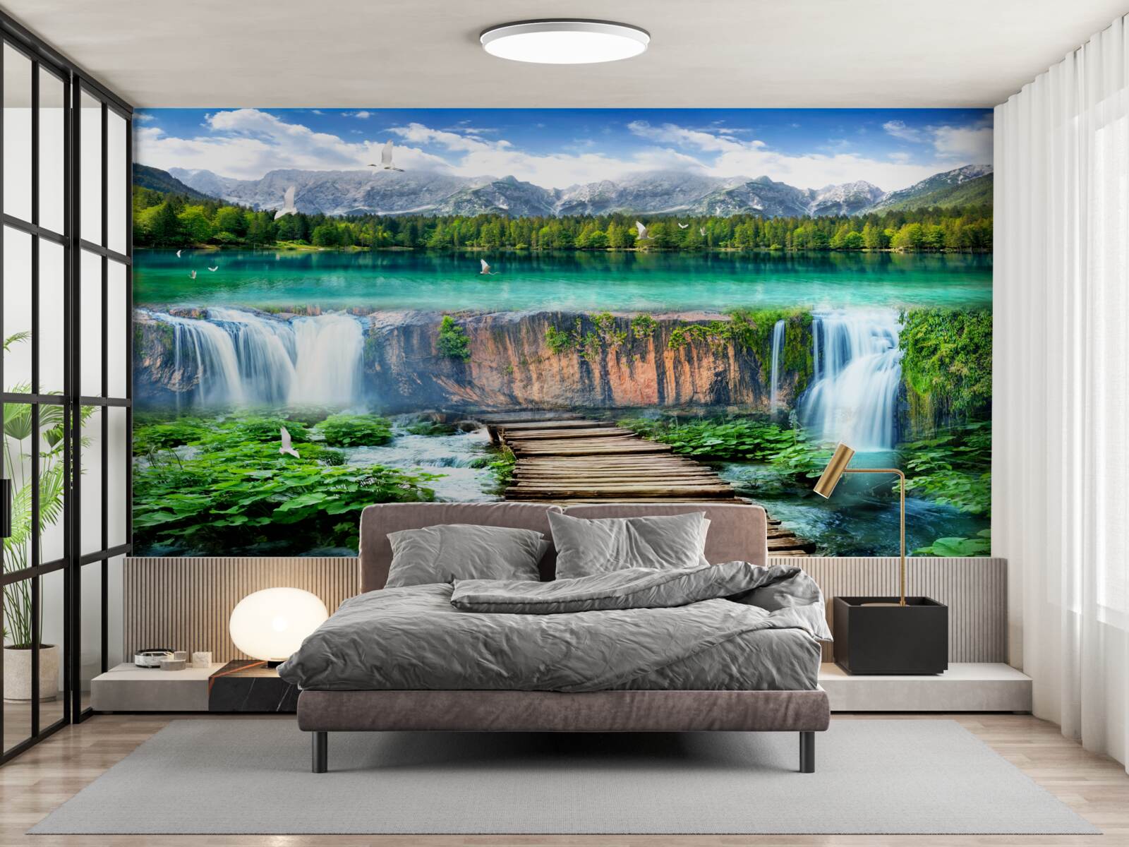 Papier peint pont en bois menant à la base de la chute d'eau