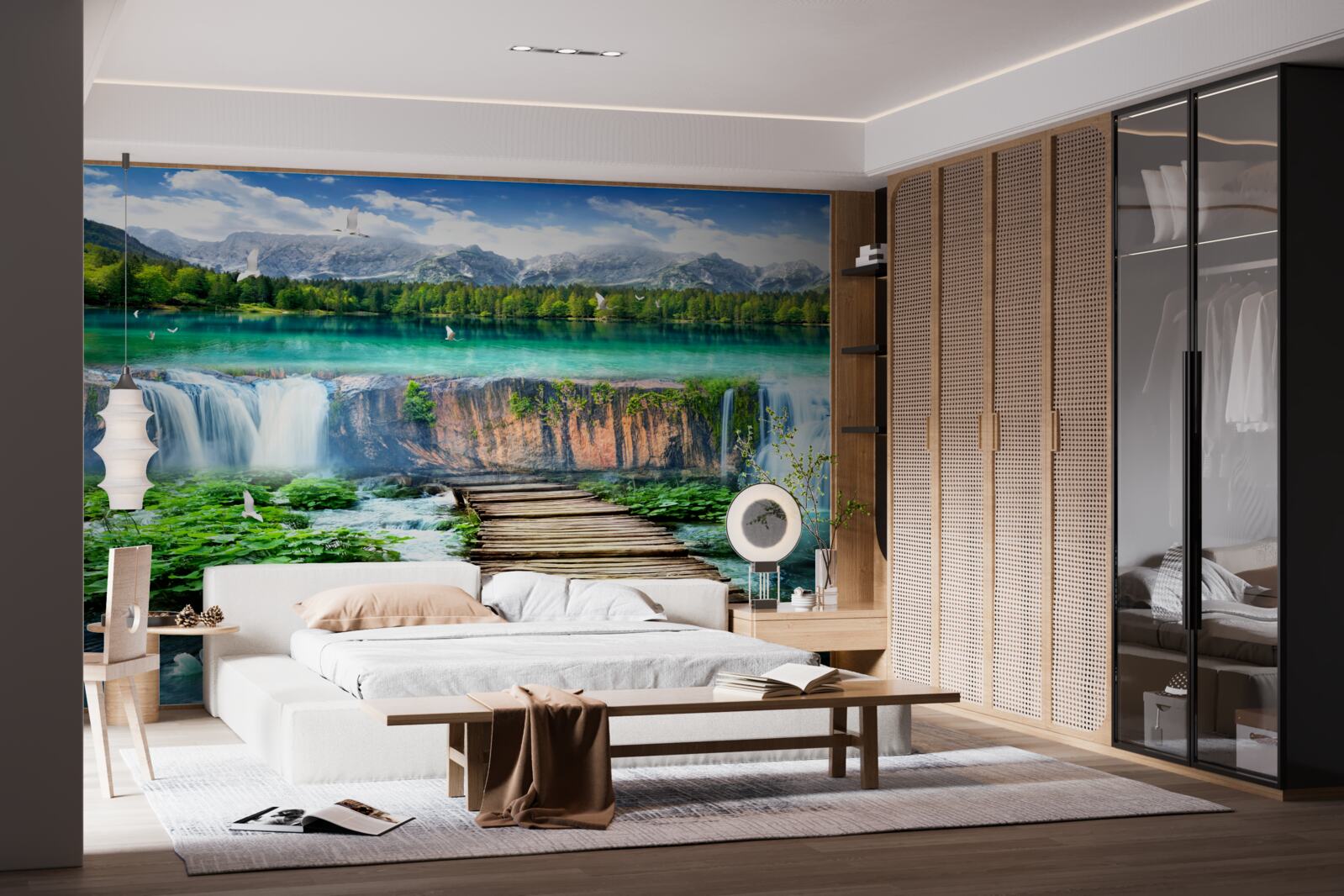 Papier peint pont en bois menant à la base de la chute d'eau