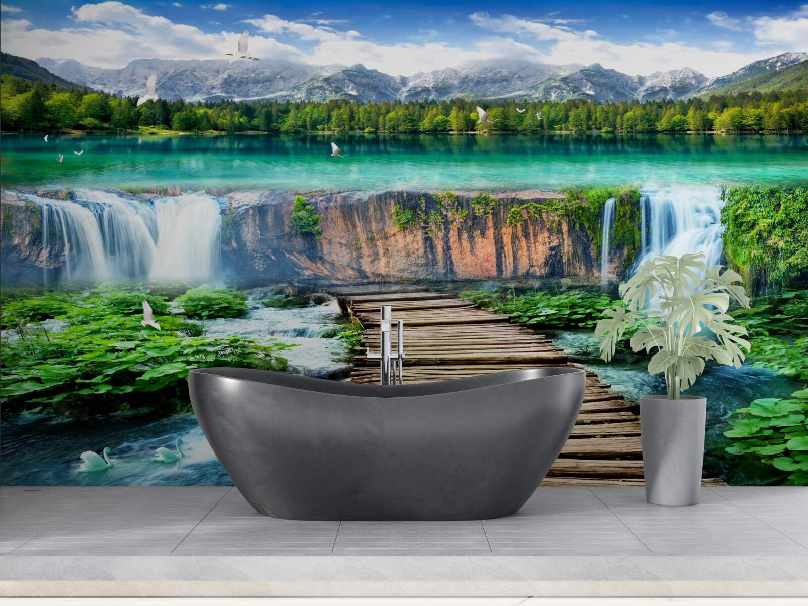 Papier peint pont en bois menant à la base de la chute d'eau