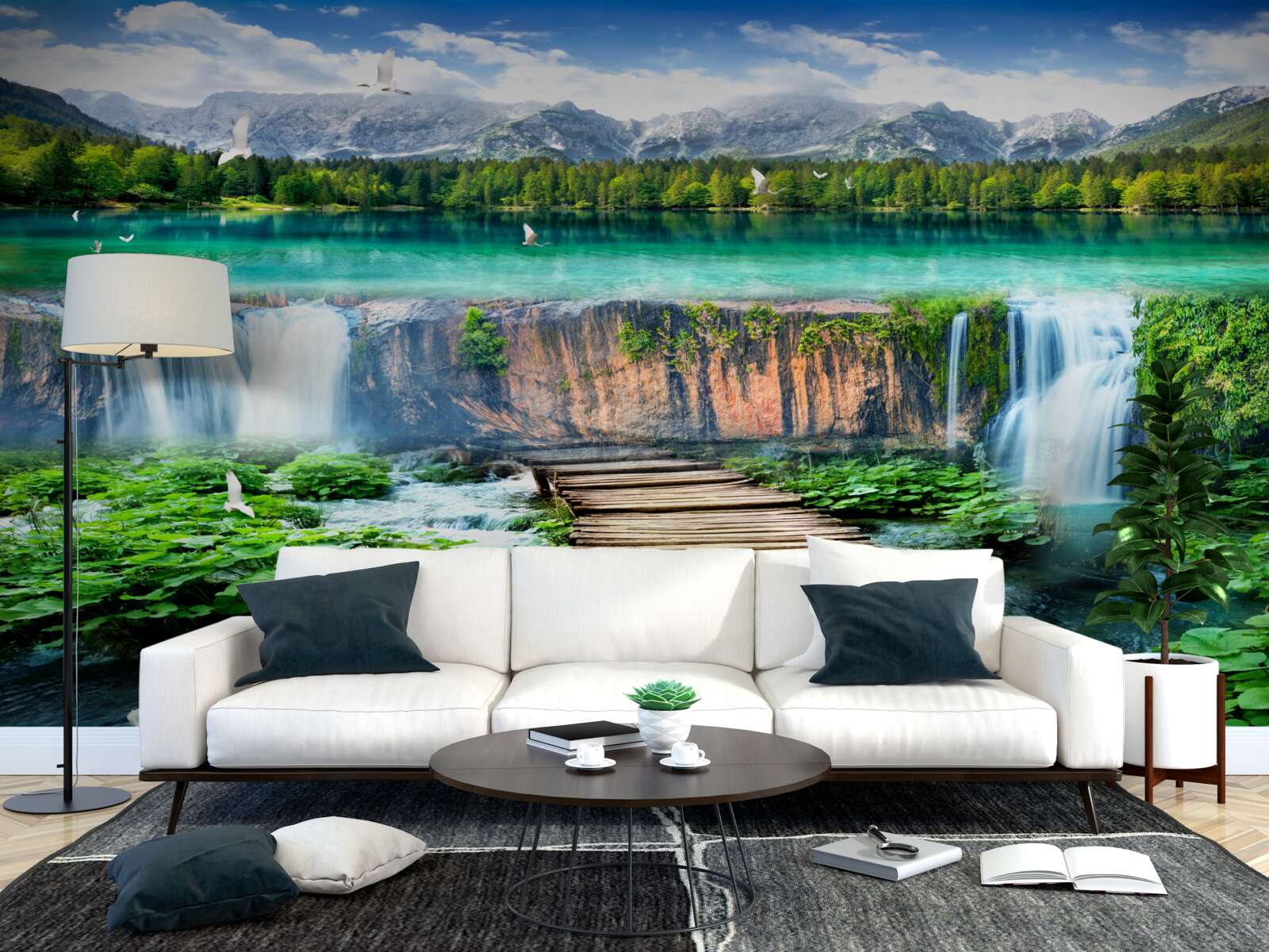 Papier peint pont en bois menant à la base de la chute d'eau