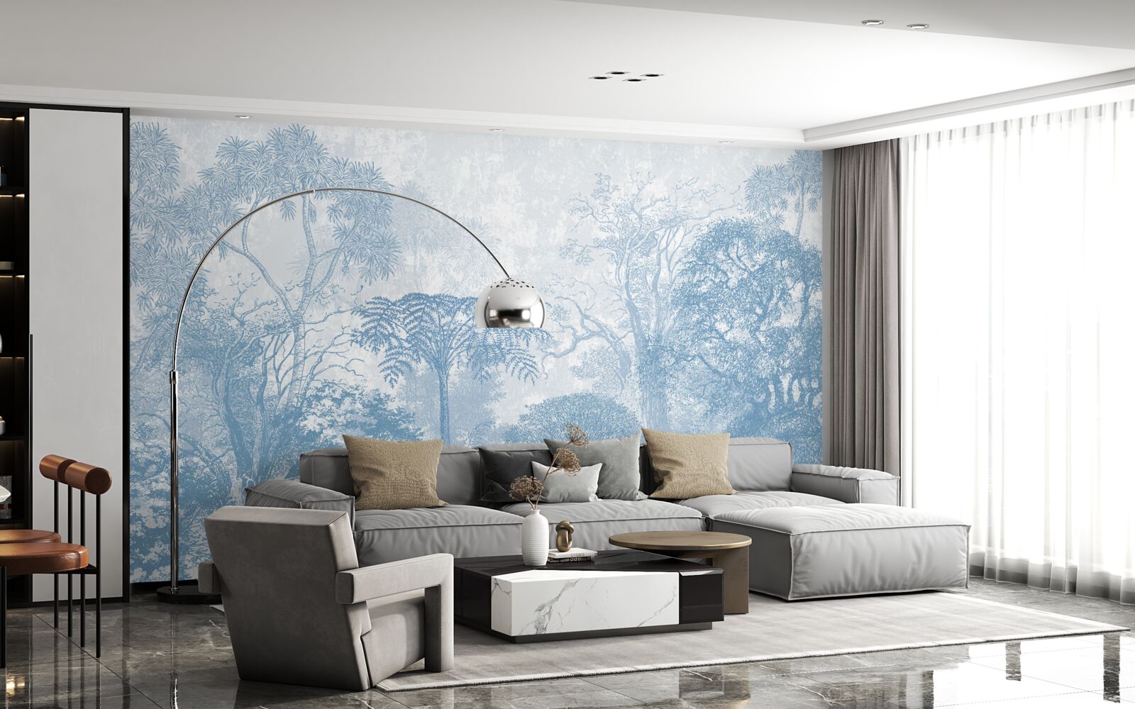 Papier peint image en noir et blanc d'un paysage forestier