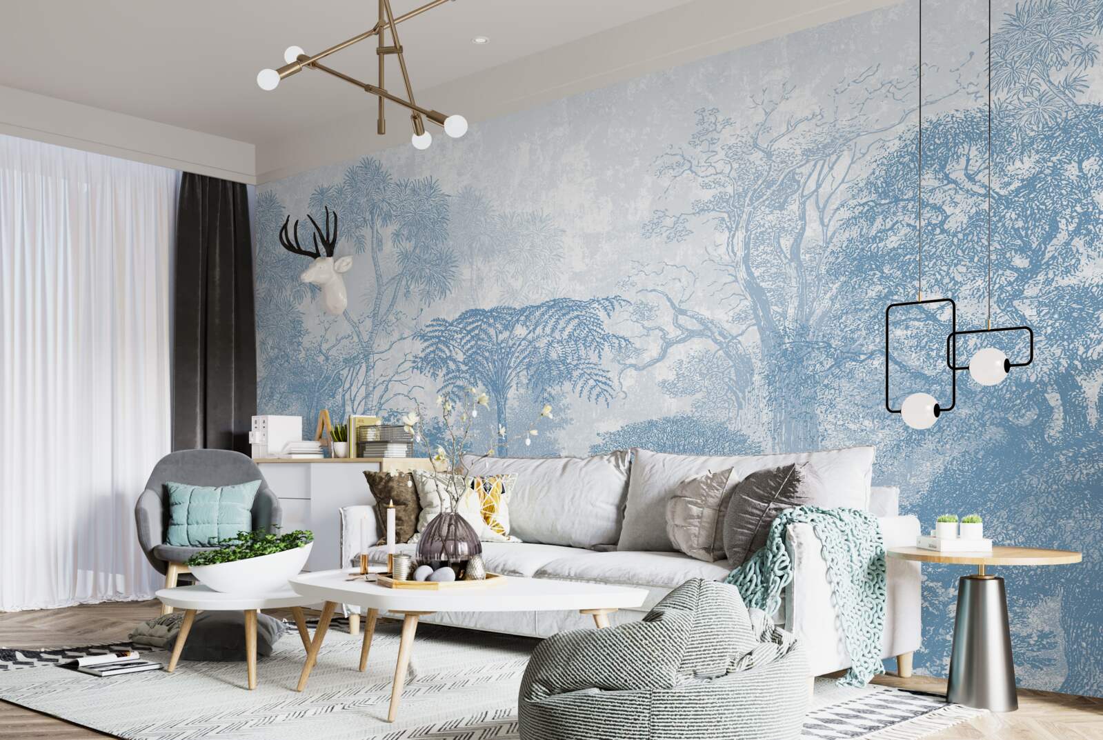 Papier peint image en noir et blanc d'un paysage forestier