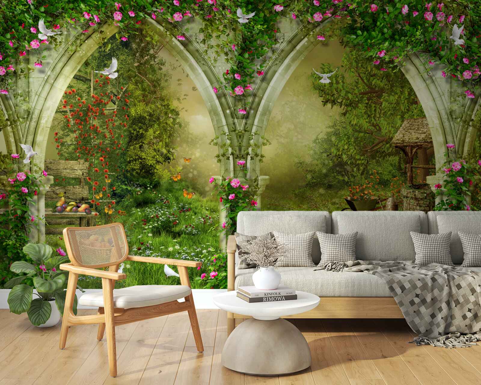 Papier peint Arches en pierre verte avec des images d'animaux