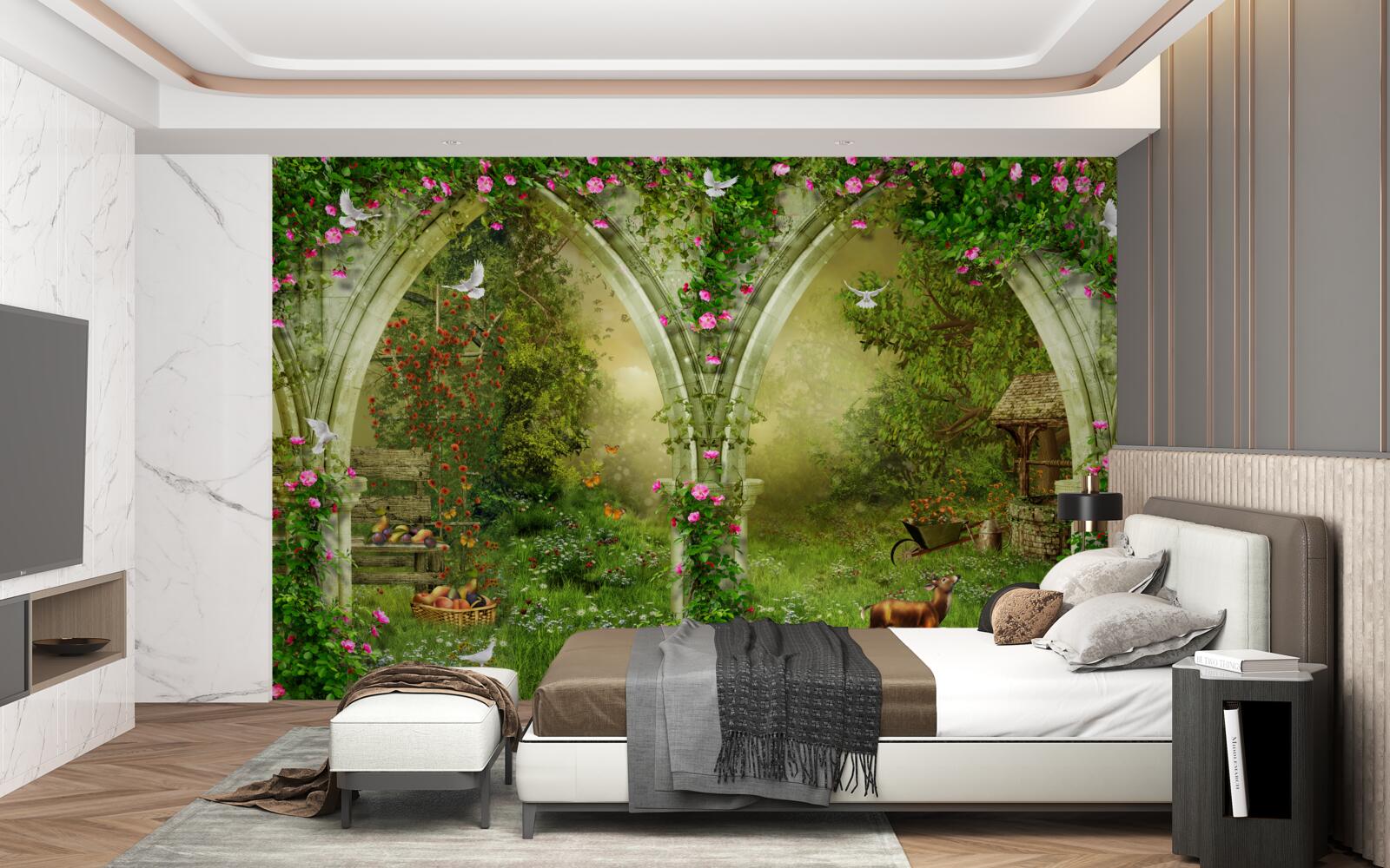 Papier peint Arches en pierre verte avec des images d'animaux