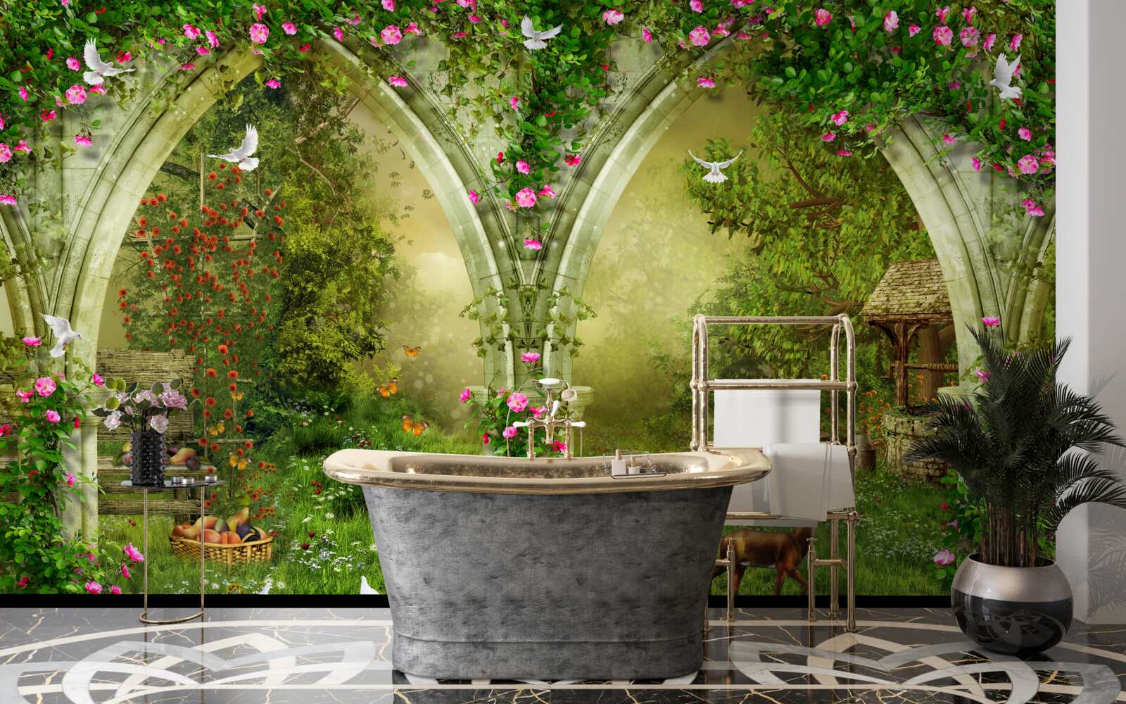 Papier peint Arches en pierre verte avec des images d'animaux