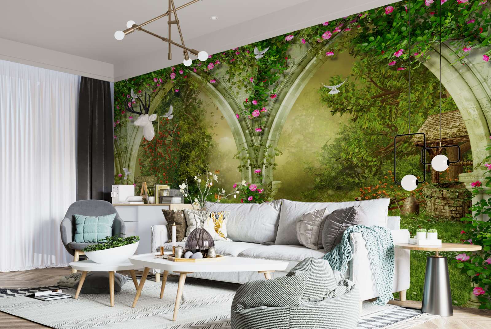 Papier peint Arches en pierre verte avec des images d'animaux